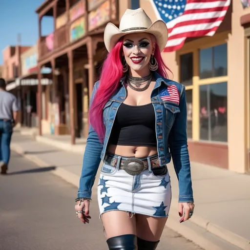 Prompt: Pink haired gorgeous muscular 35-year-old Texan drag queen bodybuilder wearing dark eye makeup, dark lipstick, a US Flag denim jacket, US Flag denim miniskirt, cowboy hat & high heel boots, walking on desert southwest street, smiling over her shoulder, rear view, high-res, flawless face, professional photo, desert southwest town, American style, sunny warm lighting, detailed miniskirt and boots, happy expression, flag design, western style, casual fashion, vibrant colors, street scene, sunny 