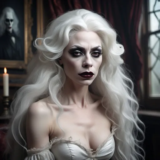 Prompt: Single image: A gorgeous dreamy ghostly mature muscular 25-year-old drag queen (strong masculine jawline and brow) with dark eyeshadow, dark red lipstick, and ridiculously long flowing ghostly white hair remains alone and eternally sad in her haunted Victorian Old mansion waiting for her long lost love to return art by Daria Endresen, John Reuss, Lin Fengmian, Robert Ryman, Elger Esser, Rimel Neffati. 3d, watercolors and ink, beautiful, fantastic view, extremely detailed, intricate, best quality, highest definition, zoomed in, hyper-muscular, muscles