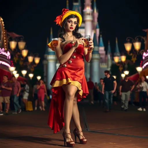 Prompt: Gorgeous ultra-muscular 25-year-old Swedish drag queen Pinocchio (Disney princess) with 8 inch stiletto high heel shoes, dark mascara, eyeshadow and dark red lipstick, standing in Disney World holding a beer and flirting with guests at night