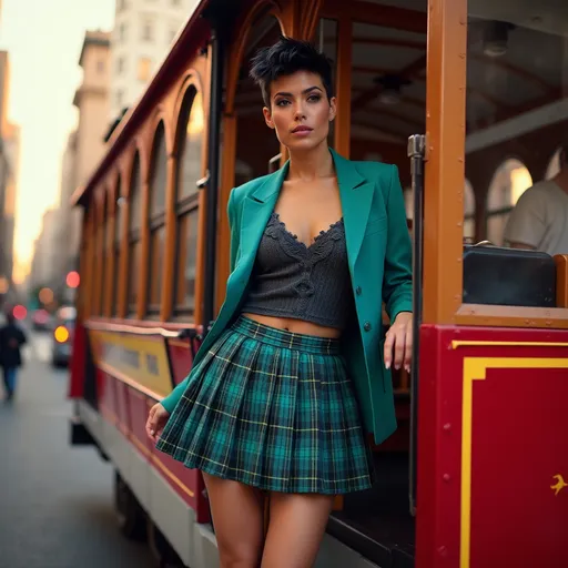 Prompt: Hyper-realistic 8k hd hi-res digital photography (Gorgeous California caucasian drag queen bodybuilder (with strong masculine jawline and brow features and large busom)), stepping onboard the bright red (San Francisco Cable Car), chic (spiky pixie cut Black hair), radiant face, wearing a stylish (teal blazer), (knit top), and a (teal plaid pleated skirt), paired with (black fashion stiletto boots), set against a vibrant, (sunny sunset), bustling atmosphere, (dynamic scene). Captured in ultra-detailed (8K) resolution, photorealistic style.