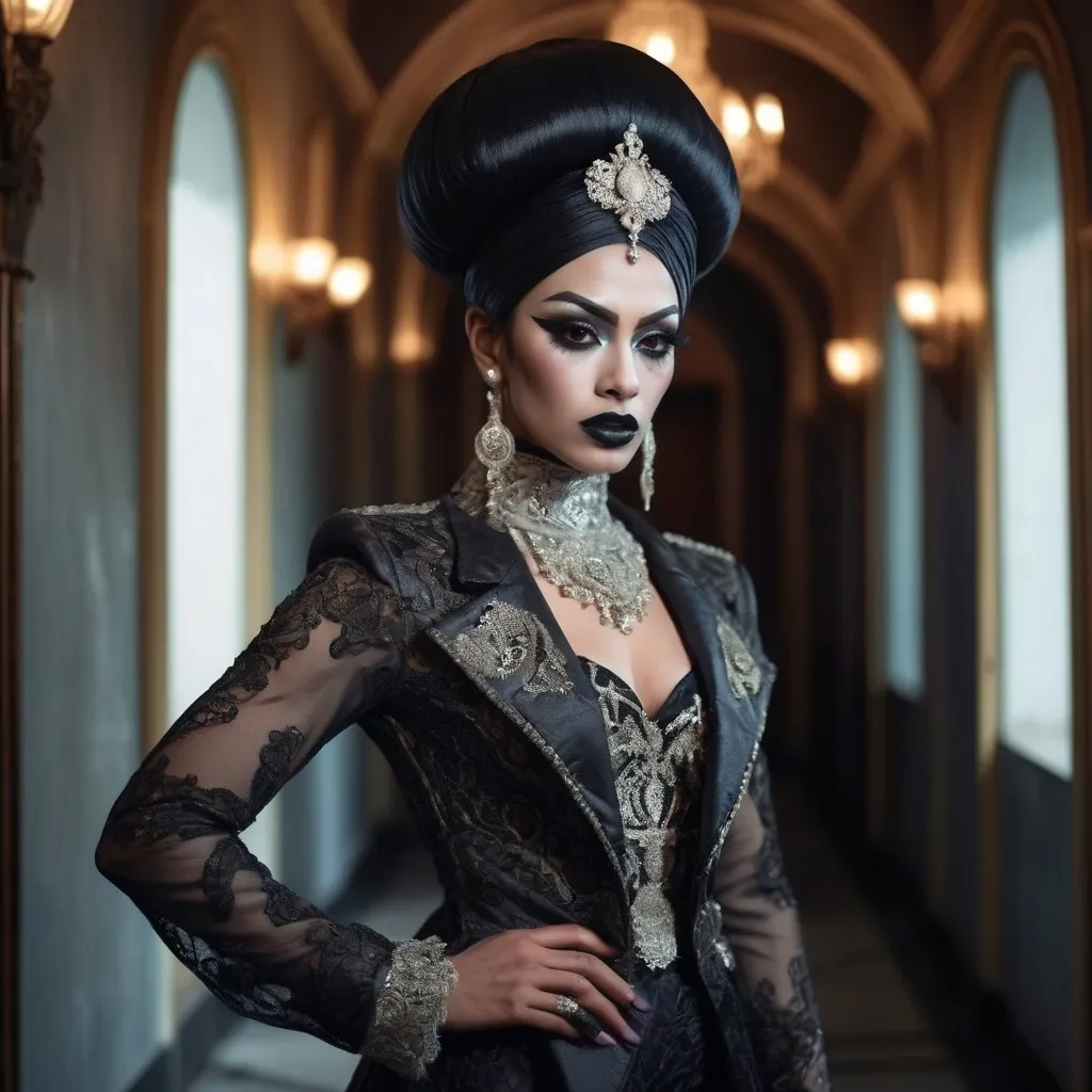 Prompt: hyper-detailed dull photo of a gorgeous muscular masculine 25-year-old Betawi drag queen, with dark eye makeup, dark lipstick, venetian lace jilbab, cropped jacket, foggy old hallway, art pose, medium format, epic character composition, sharp focus, intricate filigree details, cinematic lighting, volumetric fog, award-winning, masterpiece, 64K, professionally color graded