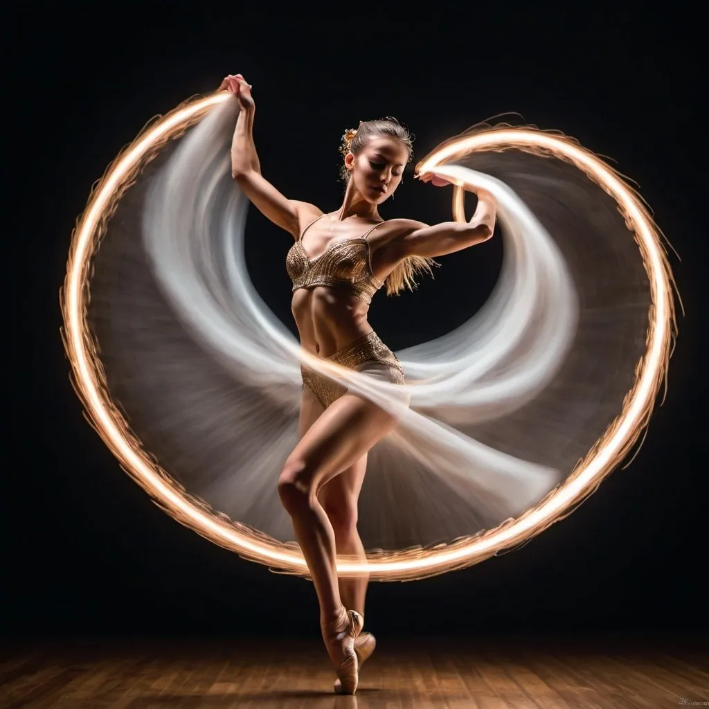 Prompt: Dancer captured in motion, long exposure photography, Nikon D850 DSLR camera, f/4, ISO 200, high quality, long exposure, Nikon D850, DSLR camera, detailed movement, professional photography, artistic motion blur, gorgeous ultra-muscular 25-year-old Czechian goddess dancer with huge busom, dramatic lighting