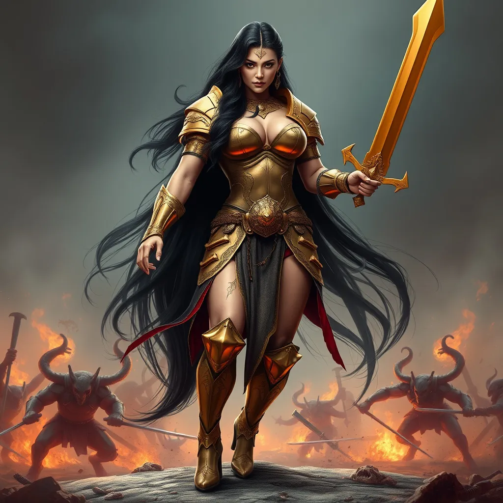 Prompt: Gorgeous ultra-muscular 25-year-old Baltic drag queen bodybuilder Warlord with large busom and long black shiny hair, wearing gold and bronze armor, 8 inch stiletto high heel armored boots, and carrying a golden longsword into a battle with demons.