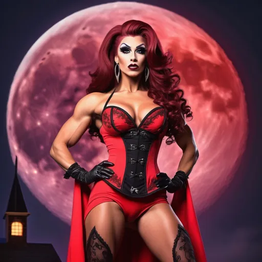 Prompt: a gorgeous ultra-muscular 25-year-old Romanian drag queen bodybuilder in a witches costume standing in front of a full moon, promotional art, strong red hue, ign, (dark long curly hair), heavily upvoted, inspired by Greg Staples, bright red, wearing corset, 8 inch stiletto high heel shoes.