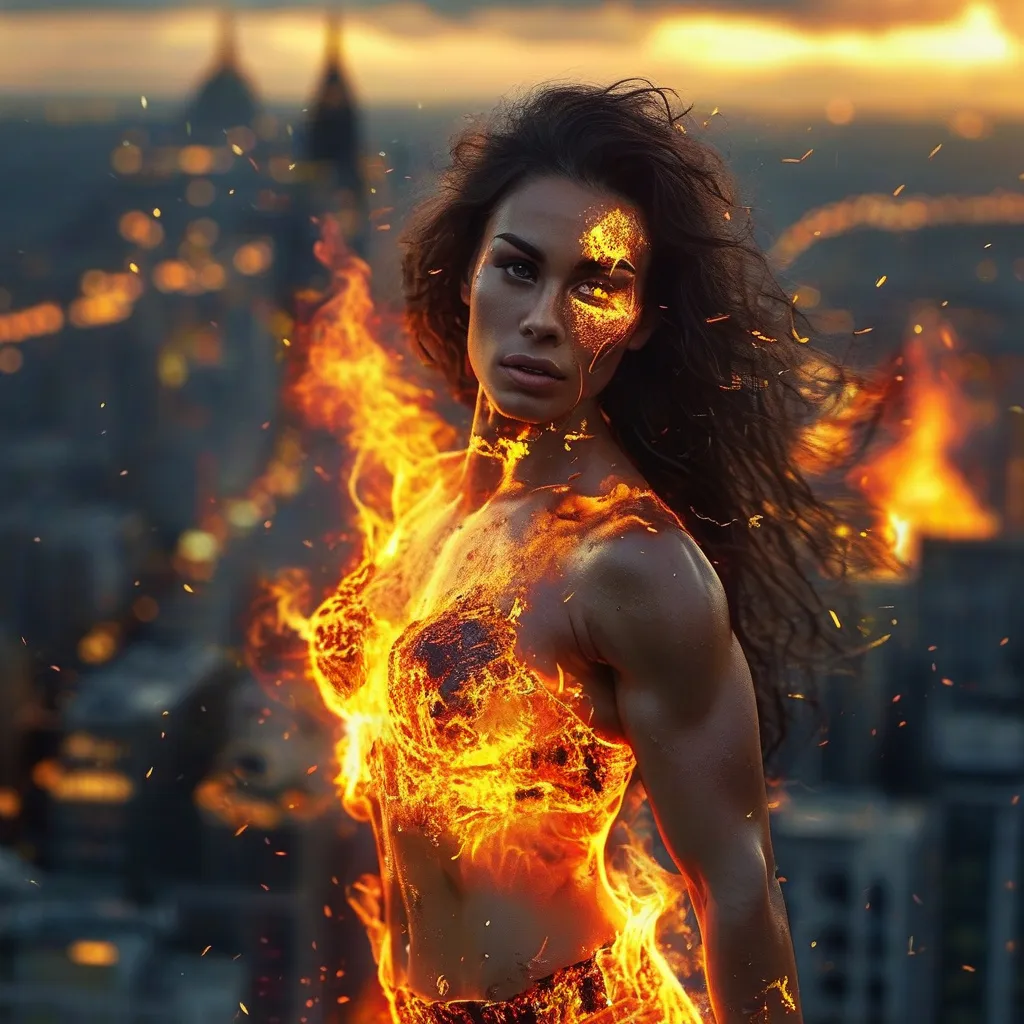 Prompt: Gorgeous muscular 25-year-old fire goddess, made of fire,  destroying a city.