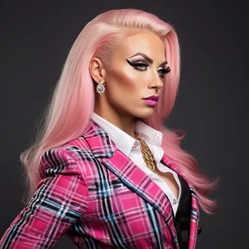 Prompt: Professional head to feet profile of a gorgeous ultra-muscular 25-year-old Finnish drag queen bodybuilder, intricate diamond face, very long straight shiny pink hair, arched eyebrows, button nose, intricate makeup, gold jewelry, multicolored blazer, white blouse, pleated black tartan skirt, 8 inch stiletto high heel shoes, high-res photo, detailed, realistic, professional, head to waist, vibrant colors, intricate details, high quality, indoor photo, warm light, shoulders turned away from camera, head tilted, dynamic pose