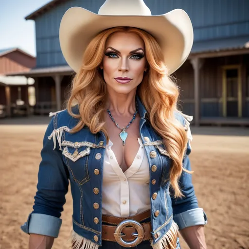 Prompt: Gorgeous muscular 35-year-old rodeo drag queen with long strawberry-blonde hair, vibrant blue eyes, (strong masculine jawline and brow), wearing a (blue denim jacket with white fringe detail), (chambray shirt), (brown suede fringed skirt), (white cowboy boots), (cowboy hat), holding a lasso, warm light, photorealistic, professional photo, high-res, curvy physique, detailed textures, crisp focus, warm and inviting atmosphere, golden hour lighting, ranch background with fencing and open fields, vibrant colors, 4K, ultra-detailed.