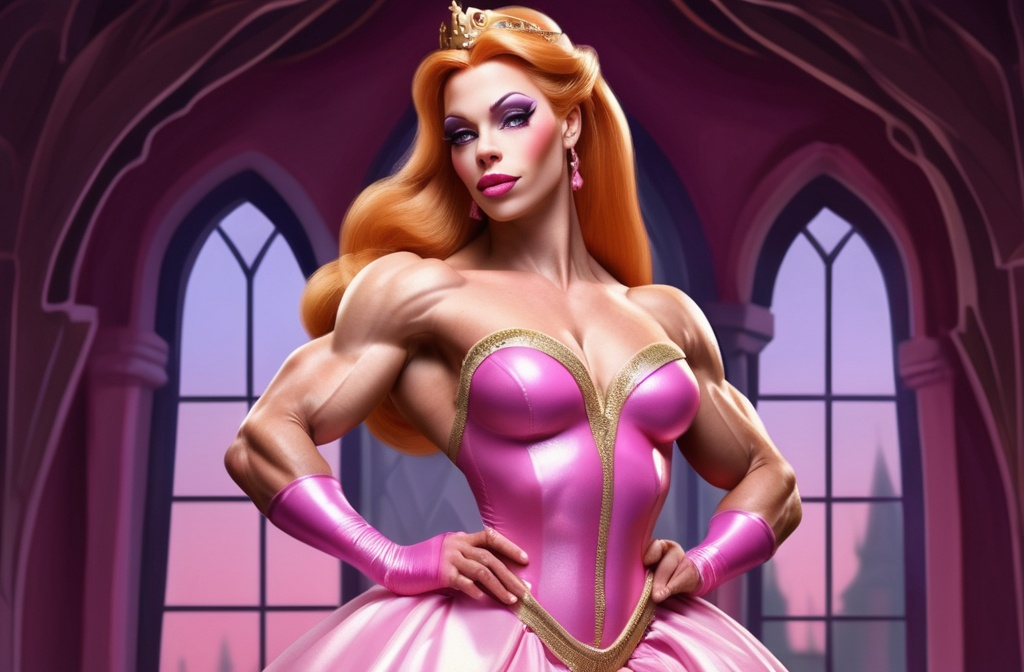 Prompt: Make an image of "sleeping beauty "Aurora"" as a Czechian drag queen bodybuilder. Aurora is a beautiful young drag queen bodybuilder of 24 years old. She has strawberry-blonde hair that reaches her waist. Depict her as a crusader who helps weak citizens in their digital skills. She likes to wear pink & lavender 14th Century style dress, tight leggings, dark eye makeup,  dark lipstick and 8 inch stiletto high heel shoes.