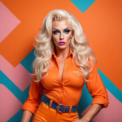 Prompt: a gorgeous muscular 25-year-old Hungarian drag queen bodybuilder with platinum blonde wavy hair, wearing an oversized orange shirt posing for a picture with her legs crossed and her hand on her head, Anna Katharina Block, kitsch movement, colourful, a pop art painting