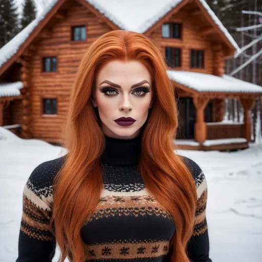 Prompt: Extremely beautiful, muscular 25-year-old Russian drag queen, detailed extremely long ginger hair, flawless skin, dark eye makeup, dark lipstick, detailed eyes, natural beauty, strong masculine jawline, form-fitting seasonal sweater, cozy modern log cabin interior background, winter season, realistic professional photography, high quality, detailed, realistic, cozy, ginger, long hair, flawless skin, candid moment, modern log cabin, seasonal sweater, detailed eyes, natural beauty, professional photography, winter season, cozy lighting