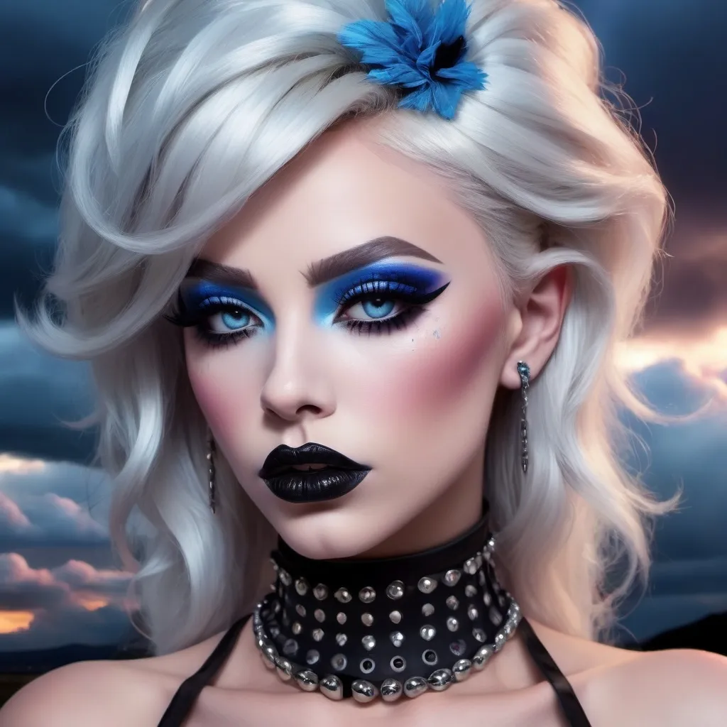 Prompt: Emo drag queen, black lipstick, black eyeliner, long eyelashes, blue eyes, studded choker, big lips, long nose, bare shoulders, stormy sky. Masterpiece, perfect face, beautiful, vivid colors, photorealism, portrait