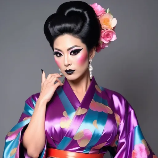 Prompt: The most beautiful muscular 35-year-old Japanese drag queen (with very strong masculine jawline and facial features) with stylish black shiny updo hair and large busom.  Wearing a sassy, cute, stylish, colorful kimono style dress and 8 inch platform stiletto high heel knee-high boots.  Dark eyeshadow,  dark lipstick,  heavy mascara. 