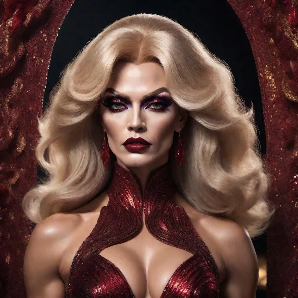 Prompt: image of Dolph Lundgren dressed as a (muscular body) gorgeous 25-year-old Czechian drag queen wearing a flamboyant, yet conservative Bob Mackie designer Gown, very well endowed, dark heavy eye makeup,  dark red lipstick, hyper-realistic quality, ultra-detailed 4K imagery.