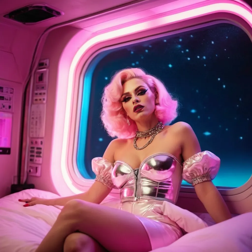 Prompt: Gorgeous nostalgic 25-year-old caucasian Polish drag with big busom inside a spaceship, in light clothes, sitting in bed under pink neon lights, looking to the stars through the window