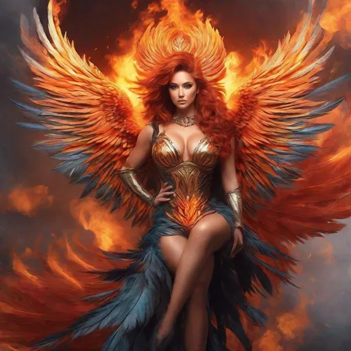 Prompt:  a flaming phoenix is perched on a 25 year old goddess's shoulder. The 25 year old goddess has clothes made of feathers and looks like a phoenix as a 25 year old goddess. Full length. Muscular. Huge busom.