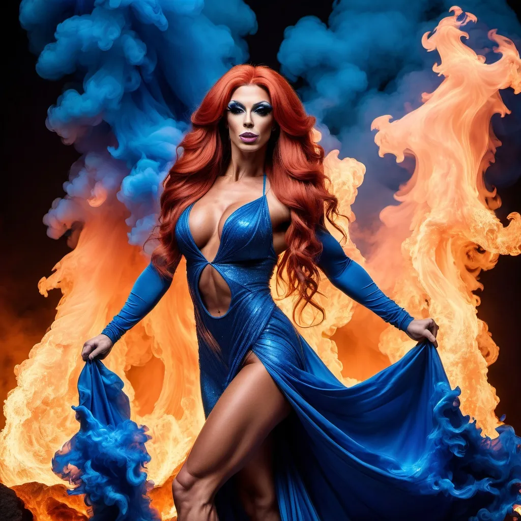 Prompt: Gorgeous ultra-muscular 25-year-old Czechian drag queen bodybuilder dancing on a blue flame, silhouette, lava, long flowing blue flame gown, huge busom, long wavy fiery hair, long muscular legs, very muscular dancing drag queen, mystical background,