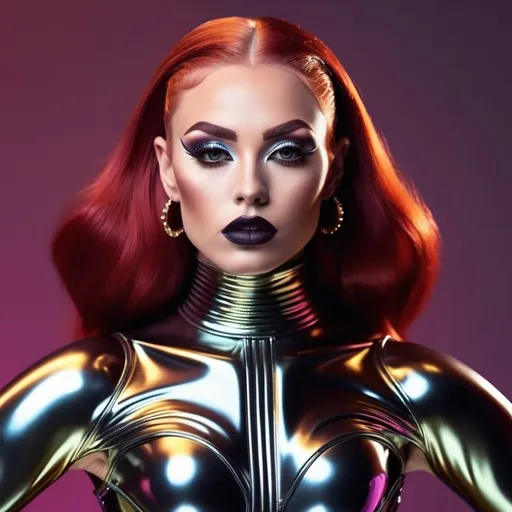 Prompt: Gorgeous muscular 21-year-old British drag queen bodybuilder (with drag queen facial features, dark lipstick, medium busom, crimson-auburn hair) wearing a (Mugler space dress), futuristic fashion design, (sleek) lines and (dramatic) silhouettes, shimmering materials, cosmic elements, a blend of elegance and modernity, (vibrant) colors with (metallic) accents, bold accessories, ultra-detailed, high fashion, innovative shape, ethereal atmosphere, (high-quality 4K), striking visual aesthetics, captivating starry background, stylish and avant-garde.