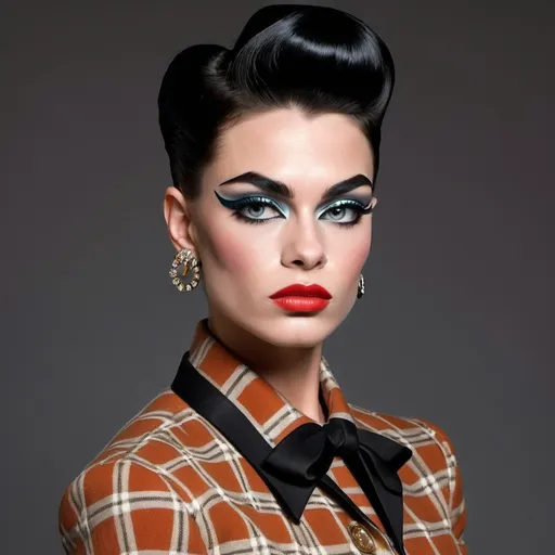 Prompt: Gorgeous muscular 25-year-old Czechian drag queen (strong masculine jawline and brow), Prada 1950s style elegant silhouette, classic tailored look, vibrant colors, rich textures, polished accessories, soft lighting, nostalgic ambiance, high-quality detail, reminiscent of mid-century fashion photography, chic black hairstyle, playful patterns, stylish footwear, retro elegance