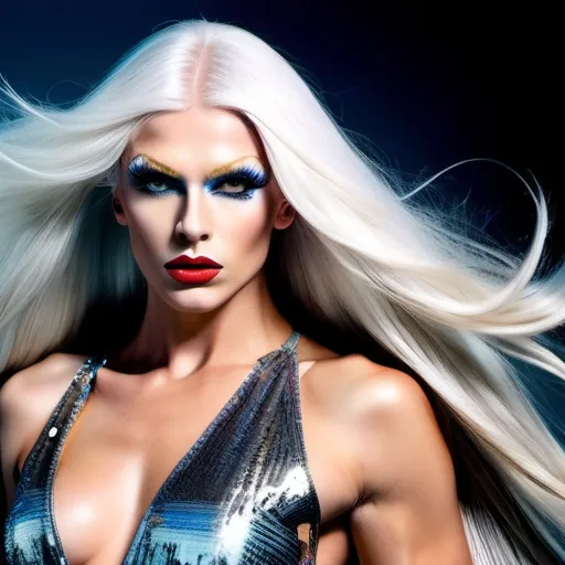 Prompt: Gorgeous ultra-muscular 25-year-old Icelandic drag queen bodybuilder with very long straight shiny silver hair (((blowing in the wind))) (striking pose), fashion icon, wearing (elegant) MiuMiu ensemble, dramatic theatrical makeup, bold accessories, glittering sequins, vibrant colors, high-fashion style, expressive facial features, ultra-detailed, captivating ambiance, modern glamour, sumptuous lighting, background in a chic urban setting, showcasing glamorous fashion atmosphere, HD quality.