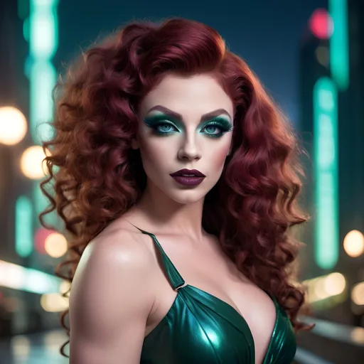 Prompt: (realistic image of futuristic French drag queen age-25), (muscular, pretty, curvy, muscular), light skin, (curly dark red hair), blue eyes, (dressed in dark green dress), dark eye makeup, dark lipstick, posed flirty, futuristic city background, misty morning, (rich textures), (soft lighting), (ultra-detailed), 4k quality, opulent decor.