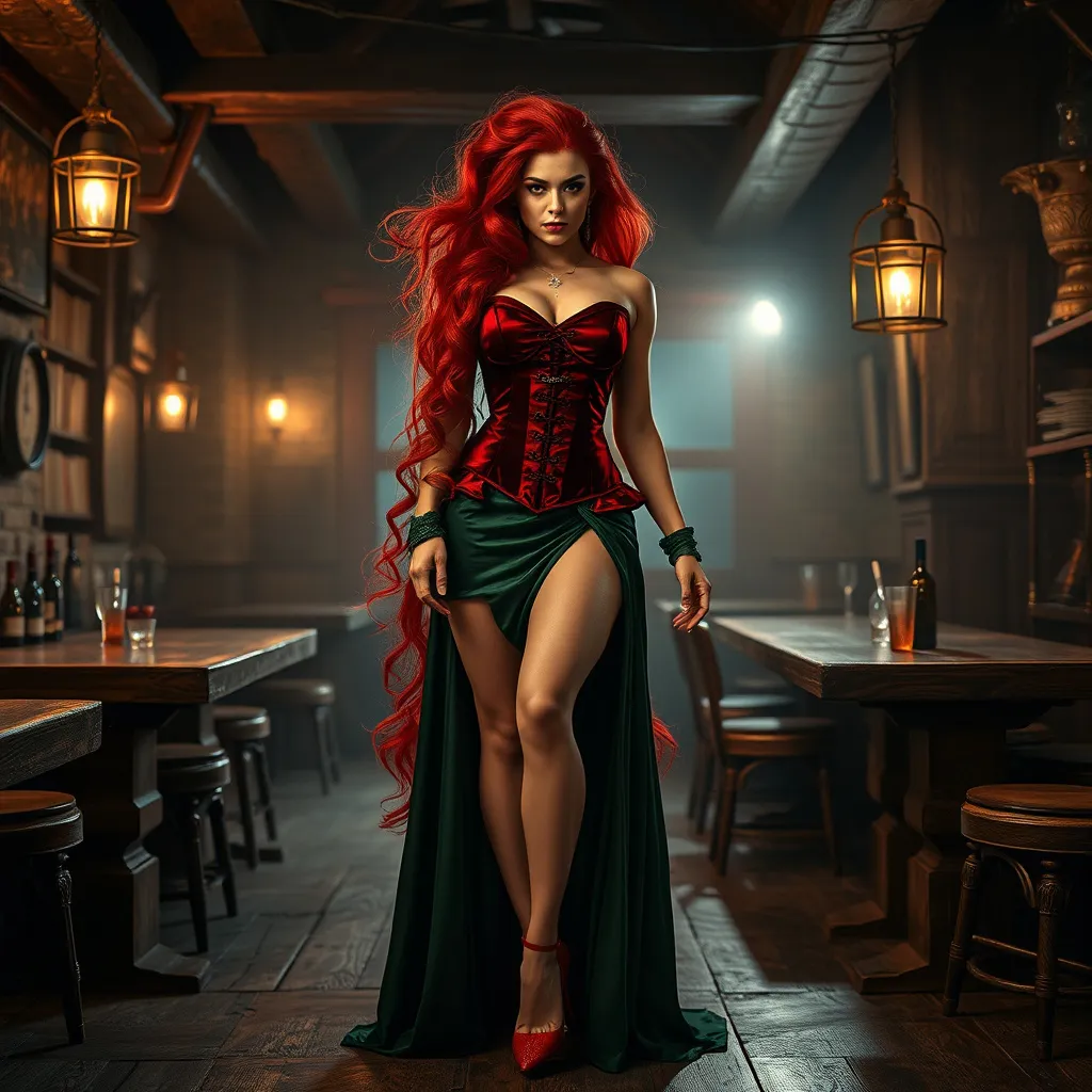 Prompt: Fantasy photography, a tall, gorgeous, ultra-muscular 25-year-old Dutch drag queen bodybuilder with very long red hair, long muscular legs, dressed in red velvet corset, green long flowing gown and 8 inch stiletto high heel shoes, in a tavern, dull colors, danger, ultra-realistic, fantasy photography, by Hiro Isono, by Luigi Spano, by John Stephens