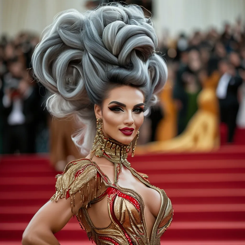 Prompt: Glamour photography of Gorgeous ultra-muscular 25-year-old (Caucasian) Russian drag queen bodybuilder with a huge busom, and very long wavy black & grey tight updo hair on the Met Gala steps in New York wearing designer bronze and red gown with long train, intricate details, glitter and jewels, posed 3/4 turn standing, smile, in the style of Guy Aroch