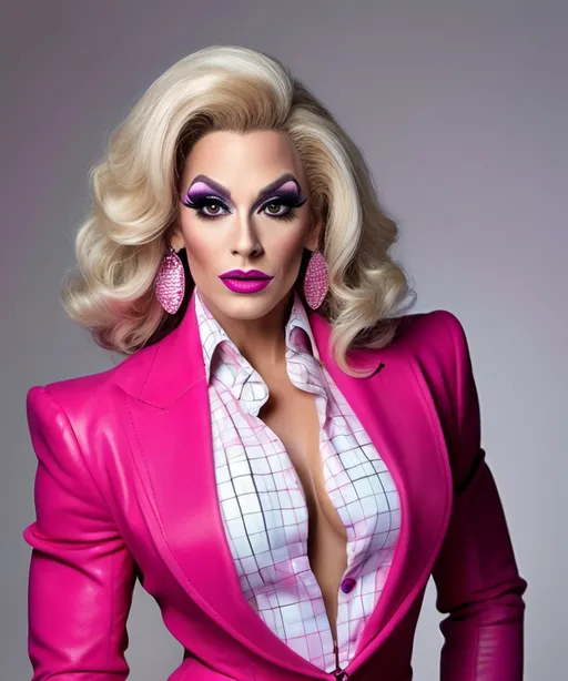Prompt: photorealistic image of a handsome man dressed up as a Gorgeous muscular 35-year-old drag queen with big busom, curly dark blonde hair, dark eyeshadow,  and dark lipstick, wearing a vibrant pink jacket, crisp white tie, white plaid pencil skirt, and 8 inch stiletto high heel shoes, stylish earrings on both ears, captured in f/3.2 for a soft background effect, showcasing her engaging expression. The setting exudes a trendy and modern atmosphere, filled with warm, inviting colors and detailed surroundings, ideal for highlighting the unique blend of fashion and individuality.  Uniquely depicts Dulah Marie Evans, embracing the essence of verdadism, ultra-detailed, HD quality.