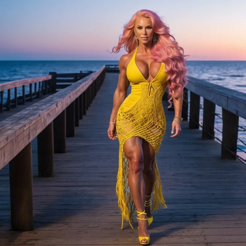 Prompt: Gorgeous ultra-muscular 25-year-old Finnish goddess bodybuilder with huge busom and ridiculously long wavy pink hair wearing a beautiful yellow macrame dress and 8 inch stiletto high heel shoes walking on the boardwalk at dusk.