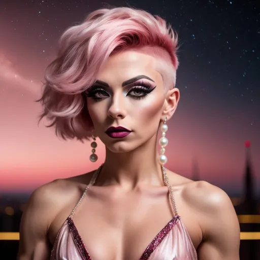 Prompt: Gorgeous ultra-muscular 25-year-old Czechian drag queen bodybuilder with short spiked pink hair wearing a pearl colored flowy gown, dark eye shadow, heavy mascara, and dark red lipstick, staring at the stars in the sky and feeling content.