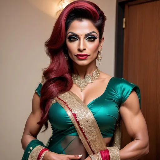 Prompt: A gorgeous muscular 35-year-old Pakistani drag queen bodybuilder in an elegant saree, her hands on her waist, with a hot look on her face and her lower lips slightly open, exuding passion and allure, ready to bring joy and intimacy to your honeymoon nights as your loving wife."