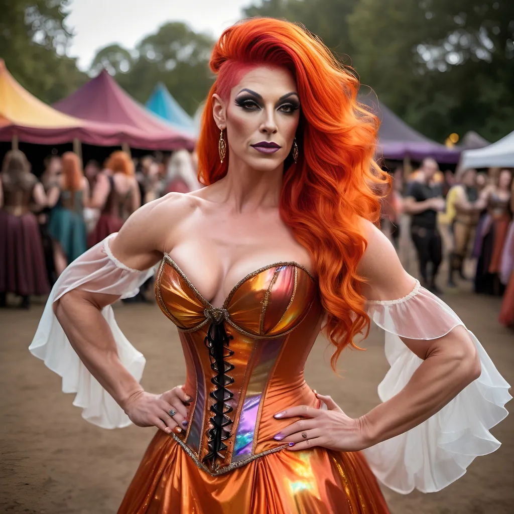 Prompt: Gorgeous muscular 35-year-old British drag queen (strong masculine  jawline and brow features) with burnt orange hair wearing a fire fairy Renaissance fair outfit, gauzy and iridescent fabric, iridescent billowing layered gypsy dress and cinched corset, flowy sleeves, shiny translucent iridescent red orange yellow
