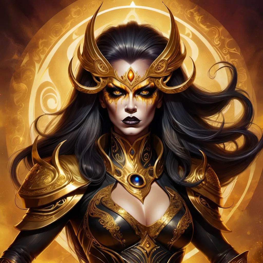 Prompt: This is a digital art fantasy illustration that depicts a powerful, demonic drag queen character with dark, flowing hair. a cyclops with one eye. Her sharp, angular features and intense, golden eyes convey strength and determination. The character's armor is ornate and jagged, with glowing gold highlights, enhancing his formidable presence. The warm, golden background features a surreal, otherworldly landscape with tall, spire-like structures and a reflective, shimmering body of water. The dynamic pose, detailed armor, and glowing atmosphere suggest a warrior of immense power, evoking a sense of majesty and danger. Digital art illustration