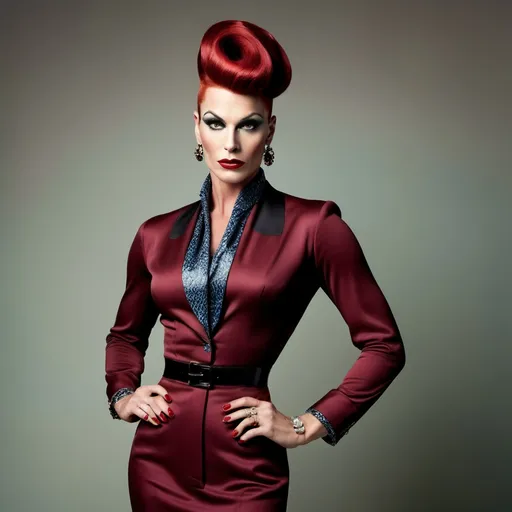 Prompt: Gorgeous muscular 35-year-old Danish drag queen (strong masculine jawline and brow), Prada 1950s style elegant silhouette, classic tailored look, vibrant colors, rich textures, polished accessories, soft lighting, nostalgic ambiance, high-quality detail, reminiscent of mid-century fashion photography, chic dark red hairstyle, playful patterns, stylish footwear, retro elegance