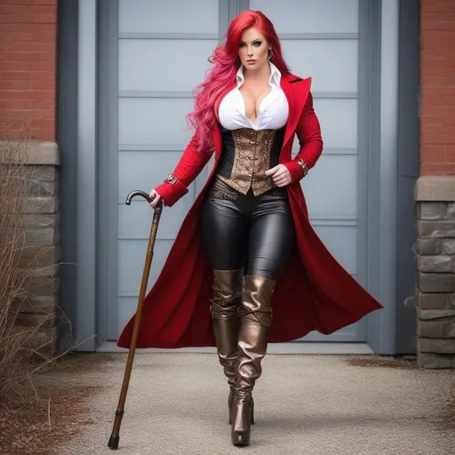 Prompt: A gorgeous ultra-muscular 25-year-old Finnish goddess bodybuilder with huge busom wearing a long black coat, with a bronze waistcoat and a white shirt, unbuttoned at the top . She's wearing a slightly crumpled top hat and has ridiculously long pink hair. She carries a walking cane with a red crystal on its round handle. She has green eyes. In the style of gothic & steam punk. She is about 25 years old. wearing a heavy, red coat, bronze pants, and 8 inch high heel shoes. Composition focus on legs and full-body. 