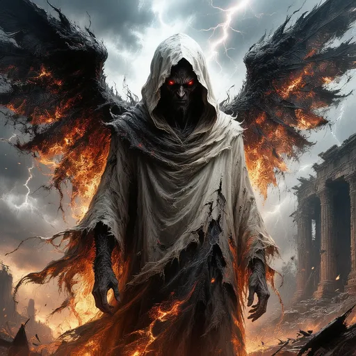 Prompt: This is a digital painting in a dark fantasy style, depicting a menacing, otherworldly figure standing in a stormy, apocalyptic landscape. The central figure is a tall, humanoid entity with dark, shadowy skin and glowing red eyes that pierce through the cloudy, lightning-filled sky. It has large, imposing wings that are charred and blackened, with glowing embers and sparks scattered across their surface, giving them a fiery, destructive appearance.

The figure is dressed in a tattered, off-white hooded robe that hangs loosely over its body, with the hood casting a shadow over its head, adding to its mysterious and ominous presence. The robe is torn and frayed, with ragged edges that suggest it has been through many battles or encounters with fire.

The background features a dramatic, stormy sky with bright lightning bolts illuminating the dark clouds. To the right, there is a crumbling, ancient-looking stone structure with tall, vertical columns, adding to the sense of decay and destruction. The ground is scattered with debris, and the overall color palette is dominated by dark grays, blacks, and fiery oranges, enhancing the sense of chaos and destruction. The painting uses a high level of detail and texture, particularly in the wings and the fabric of the robe, to create a vivid, immersive scene..