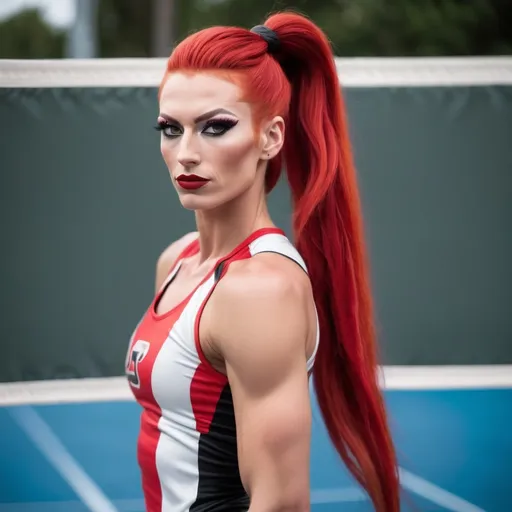 Prompt: Tall, gorgeous ultra-muscular 25-year-old Danish drag queen volleyball player with long red ponytail. Posing on the volleyball court.