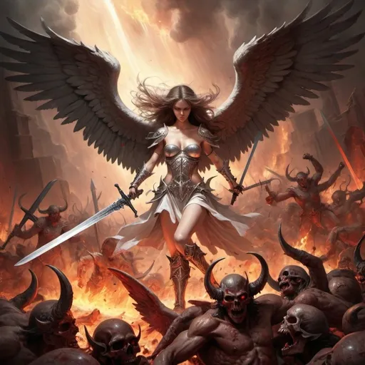 Prompt: Gorgeous angel warrior fighting her way through hell with only a large sword. Bloody demon hoard in background. 