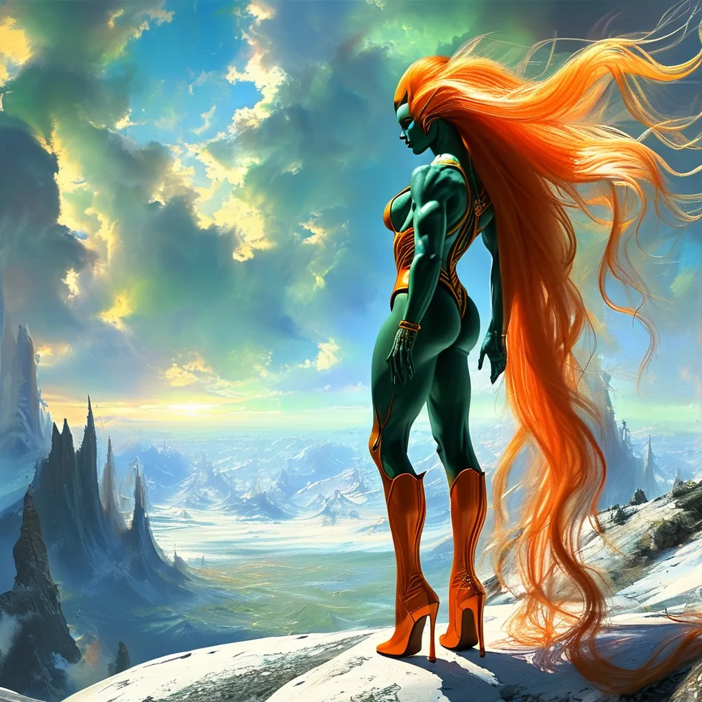 Prompt: Gorgeous ultra-muscular 25 year old orange skinned alien goddess bodybuilder, very well endowed, long muscular legs and ridiculously long flowing green hair (((blowing in the wind))) celestial robes and 8 inch stiletto high heel boots looking out toward a fantastical celestial landscape