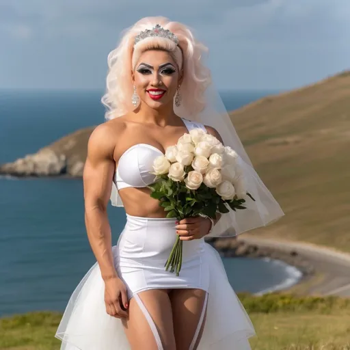 Prompt: Cute and glamorous 20-something Eurasian drag queen bodybuilder, very beautiful,
During a photoshoot wearing a sheer mini wedding dress, garter belt, and stiletto high heels
Hairband on her head
Smiling expression
Outfit that emphasizes her glamorous body
Large busom 
Holding a small bouquet in one hand.
Taking a photo on a windy seaside hill.
Skirt and veil blowing in the wind
Sitting on a bench with her muscular legs slightly spread
Thighs visible
Wearing a garter belt
