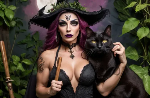 Prompt: (Gorgeous ultra-muscular 35-year-old Italian drag queen bodybuilder Witch), enchanting witch, full body, dark eye makeup, dark lipstick, with a black cat companion by her side, holding an ornate broom, surrounded by lush greenery and assorted herbs, harmoniously in tune with nature, a luminous crescent moon hanging in the background, warm earthy tones, magical and serene ambiance, ultra-detailed, high quality, ethereal glow.