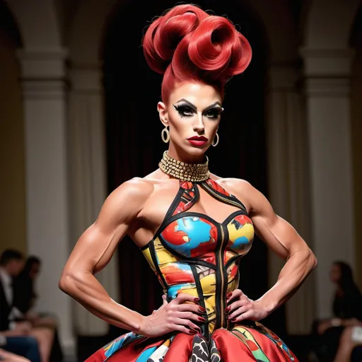 Prompt: Gorgeous ultra-muscular 25-year-old Czechian drag queen bodybuilder with long dark red stylish updo wearing a (Moschino dress), high fashion design, colorful patterns, playful and vibrant, couture elegance, luxurious texture, striking silhouette, artistic flair, runway-inspired style, intricate details, eye-catching embellishments, bold color palette, fashionable ambiance, (ultra-detailed), high-quality craftsmanship, fashion illustration vibes, stylish ensemble, (vivid colors), aesthetically stunning.