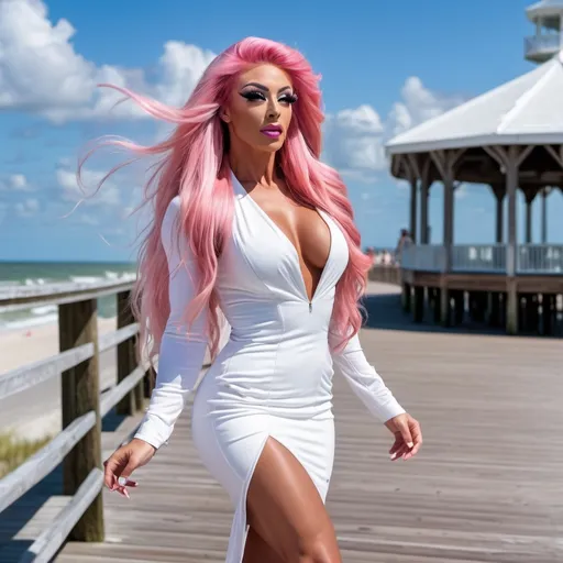 Prompt: Gorgeous ultra-muscular 25-year-old Romanian drag queen bodybuilder, very well endowed, and ridiculously long pink hair (((blowing in the wind))), muscular legs, wearing 8 inch stiletto high heel shoes, and a white satin mini-dress standing on the boardwalk in Daytona Beach, flirty expression, defined muscles, photorealistic, hyperdetailed, 8K, photograph, colour film