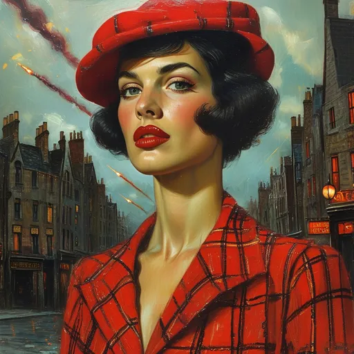 Prompt: (surrealism style mid waist portrait ), vibrant color scheme, (1941 London), shadowy streets at night, mid waist portrait of beautiful muscular 35-year-old Mid-Western drag queen in short red plaid dress, black fishnets, and red beret (masculine jawline 
and brow facial features) outside a quaint pub, search lights streaking through a tumultuous sky, vivid explosions lighting the dark atmosphere, bombed and ruined structures surrounding the scene, (dramatic), chaotic ambiance, high contrast between shadow and colorful explosions, (ultra-detailed), evocative imagery, sense of urgency and dread.