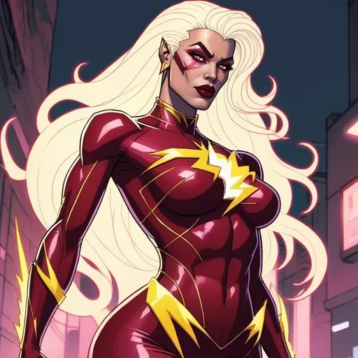 Prompt: Gorgeous muscular cyberpunk drag queen (DC Comics') Flash, great legs, crystal high heels,  dark lipstick.