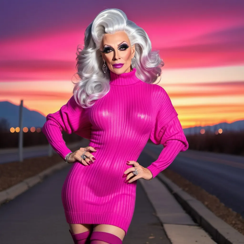 Prompt: Stunning, flamboyant, very muscular, 45-year-old silver-haired caucasian drag queen with large busom dressed in a magenta oversized sweater dress, thigh-high nylon stockings, and stilettos. Hyper-realistic quality. Sunset background. 