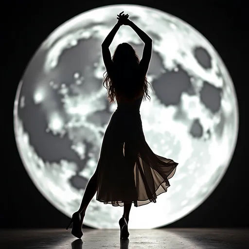 Prompt: Dancing on the moon,  silhouette, gorgeous, muscular, 25-year-old  swedish female goddess bodybuilder, well endowed, long muscular legs, long wavy hair, long flowing dress, 8 inch stiletto high heel shoes, planet earth in the background