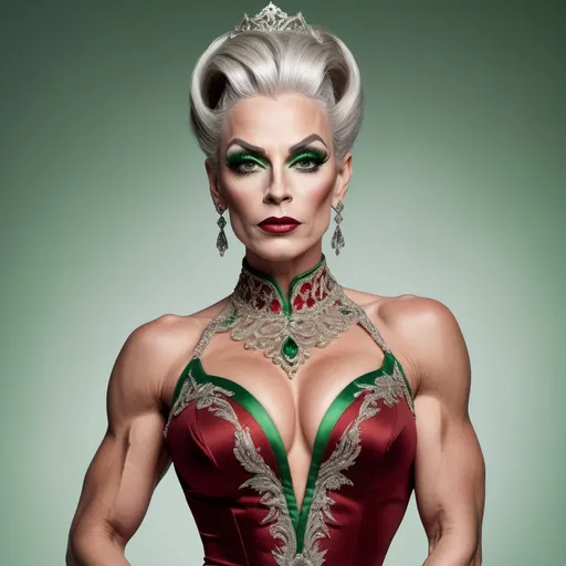 Prompt: A portrayal of a regal looking British drag queen bodybuildet in her mid 40s, with long silver updo hair, a bronze circlet on top of her head, mesmerising green eyes, high cheekbones, fair skin, narrow waist, slim complexion, wearing an elegant dark red ball gown with intricate embroidered details and 8 onch stiletto high heel shoes, standing on a majestic staircase.