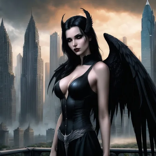 Prompt: a buxom woman with large black wings standing in a city with skyscrapers and buildings in the background, with a city skyline in the background, Anne Stokes, gothic art, dark fantasy art, a detailed matte painting