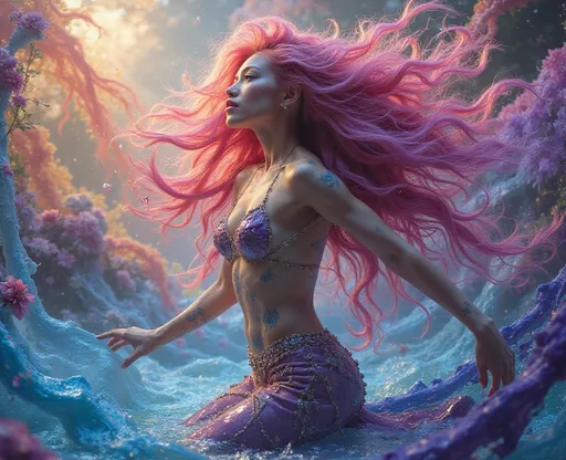 Prompt: (mesmerizing dreamscape), gorgeous muscular drag queen, vibrant, (streaming vibrant colors), surreal morphing shapes, fluid movements, seamless transitions, state of the art visuals, imaginative landscapes, enchanting atmosphere, captivating transformations, high depth, high resolution, ultra-detailed, abstract design, mesmerizing fluidity, otherworldly beauty.