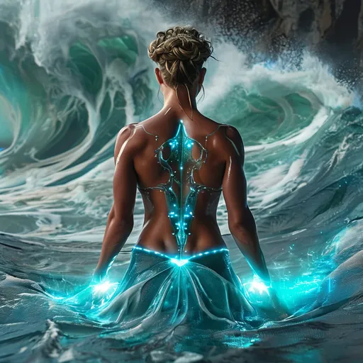 Prompt: Depicting a mesmerizing scene, a gorgeous ultra-muscular 25-year-old Norwegian female goddess bodybuilder with vibrant aqua lights emitting from her back exudes a powerful aura of energy. She stands before an immense wave, gracefully embodying its force. This captivating image, reminiscent of a digitally manipulated photograph, showcases her intense presence, with the radiant aqua lights illuminating her surroundings. The impeccable resolution and expert composition highlight the meticulous attention to detail, further enhancing the viewer's engagement with this enchanting depiction.